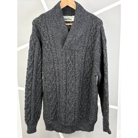 Aran Crafts Ireland Sweater Men’s XL Merino Wool Shawl Grey Thick Cable Knit - Picture 1 of 14